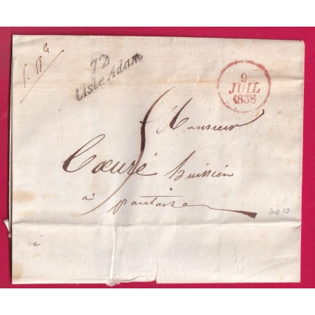 CURSIVE 72 L'ISLE D'ADAM + DATEUR A EN ROUGE 1838 POUR PONTOISE LETTRE COVER