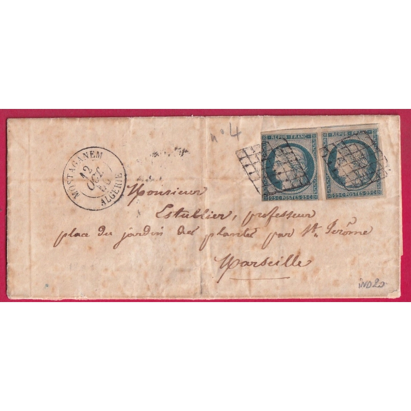 N°4 PAIRE GRILLE MOSTAGANEM ALGERIE POUR MARSEILLE LETTRE COVER
