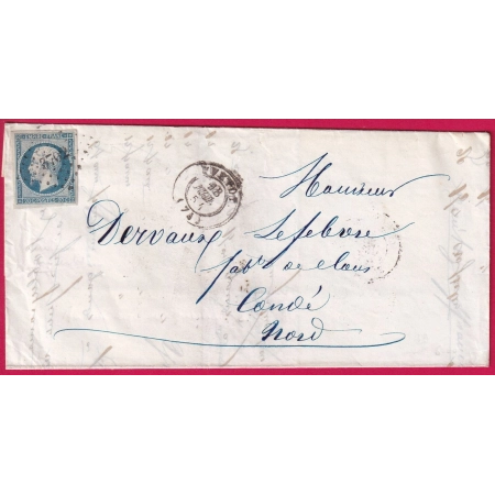 N°14 BLEU LAITEUX DU 18 JUILLET 1854 PC 3702 YVETOT SEINE INFERIEURE AU DOS LIGNE DE QUIEVRAIN POUR CONDE NORD LETTRE