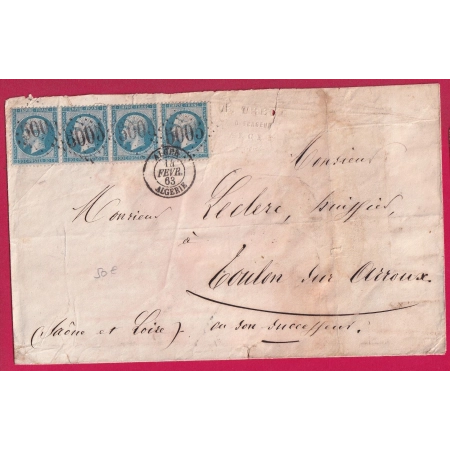 N°22 BANDE DE 4 GC 5005 ALGER ALGERIE POUR TOULON SUR ARROUX SAONE ET LOIRE 1863 LETTRE COVER