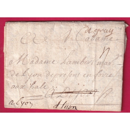 MARQUE MANUSCRIT DE GRAY HAUTE SAONE 1724 1ERE DATE VUE LENAIN N°1 POUR DIJON PUIS LYON LETTRE COVER