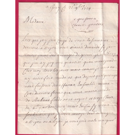 MARQUE MANUSCRIT DE GRAY HAUTE SAONE 1724 1ERE DATE VUE LENAIN N°1 POUR DIJON PUIS LYON LETTRE COVER