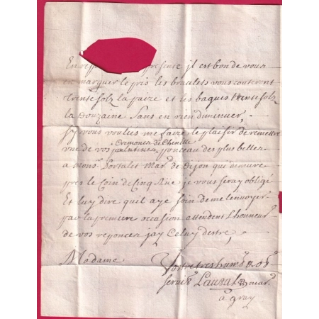 MARQUE MANUSCRIT DE GRAY HAUTE SAONE 1724 1ERE DATE VUE LENAIN N°1 POUR DIJON PUIS LYON LETTRE COVER