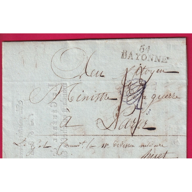 FRANCHISE MANUSCRIT LE GENERAL CMDT LA 11E DIV MILITAIRE BAYONNE BASSES PYRENEES 1798 SIGNE LE GENERAL HUET POUR PARIS