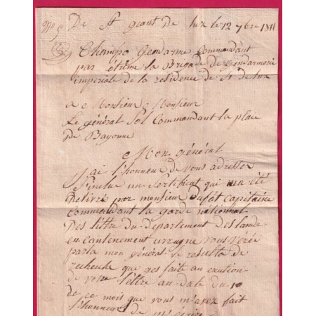 FRANCHISE SERVICE DE LA GENDARMERIE IMPERIALE ST JEAN DE LUZ 1811 POUR BAYONNE BASSES PYRENEES BRIGADE DE CIBOURE LETTRE
