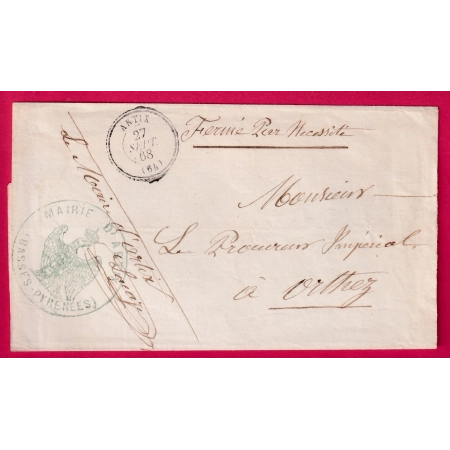 CAD TYPE 22 ARTIX BASSES PYRENEES FRANCHISE LE MAIRE D'ARTIX POUR ORTHEZ 1868 LETTRE COVER