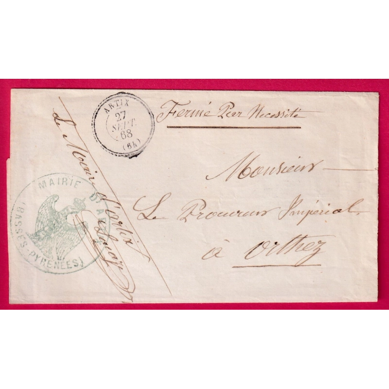 CAD TYPE 22 ARTIX BASSES PYRENEES FRANCHISE LE MAIRE D'ARTIX POUR ORTHEZ 1868 LETTRE COVER
