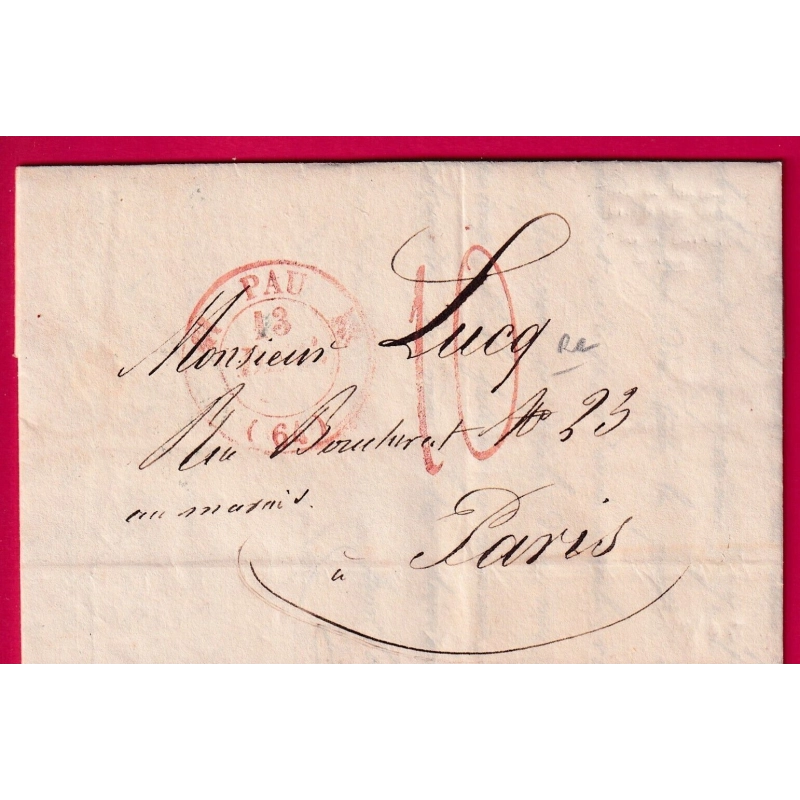 TAXE TAMPON 10 EN ROUGE RARE + CAD TYPE 12 PAU EN ROUGE BASSES PYRENEES POUR PARIS 1831 LETTRE COVER