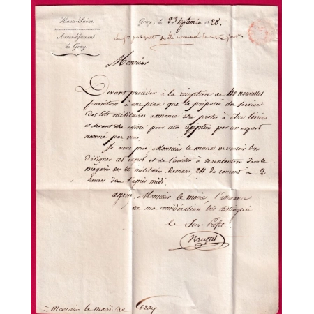FRANCHISE EN ROUGE LE SOUS PREFET DE L'ARRONDISSEMENT DE GRAY HAUTE SAONE POUR GRAY 1828 LETTRE COVER
