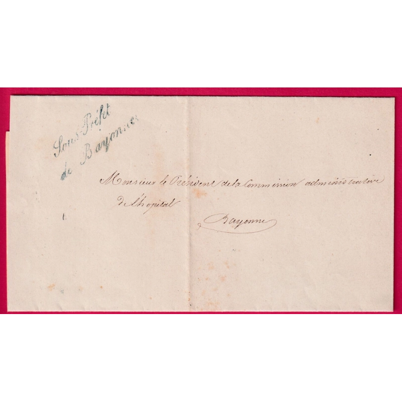 FRANCHISE LE SOUS PREFET DE BAYONNE EN BLEU BASSES PYRENEES 1864 LETTRE COVER