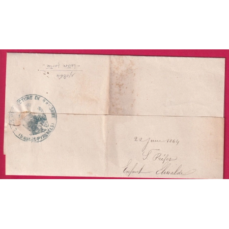 FRANCHISE LE SOUS PREFET DE BAYONNE EN BLEU BASSES PYRENEES 1864 LETTRE COVER