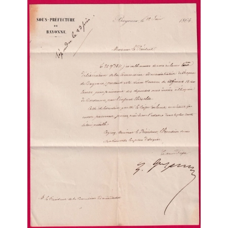 FRANCHISE LE SOUS PREFET DE BAYONNE EN BLEU BASSES PYRENEES 1864 LETTRE COVER