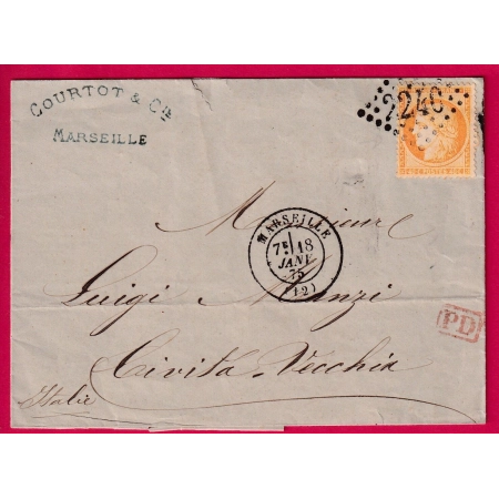 N°38 GC 2240 MARSEILLE POUR CIVITA VECCHIA ITALIE 1875 LETTRE COVER