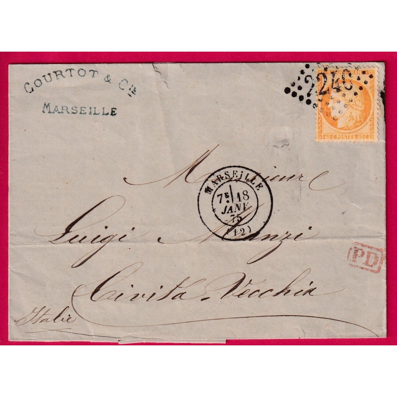 N°38 GC 2240 MARSEILLE POUR CIVITA VECCHIA ITALIE 1875 LETTRE COVER
