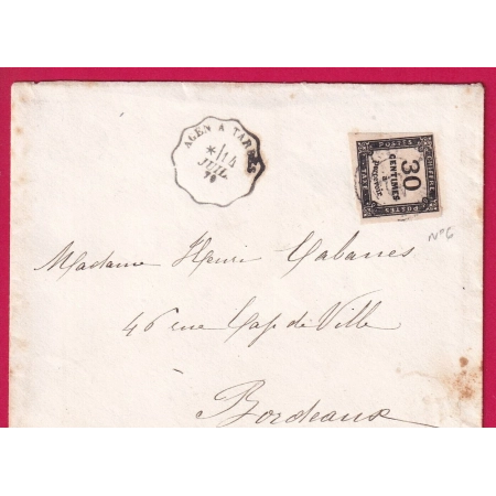 CONVOYEUR LIGNE AGEN A TARBES TAXE AVEC TAXE CARRE N°6 A BORDEAUX GIRONDE RARE UTILISATION SUR LETTRE NON TIMBREE