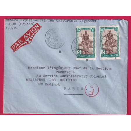 AOF SEGOU SOUDAN FRANCAIS PAR AVION 1939 CENSURE POUR PARIS LETTRE COVER