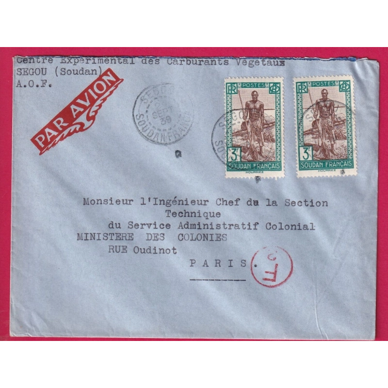 AOF SEGOU SOUDAN FRANCAIS PAR AVION 1939 CENSURE POUR PARIS LETTRE COVER