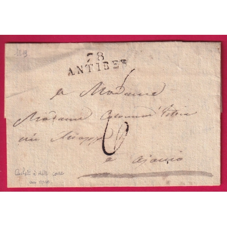 CACHET ARRIVE SPECIAL AJACCIO CORSE 1819 DEPART ANTIBES VAR ALPES MARITIMES LETTRE COVER