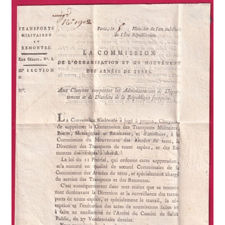 FRANCHISE ADMINISTRATION  DU MOUVEMENT DES ARMEES DE TERRE AN 3 1795 POUR MACON LETTRE COVER