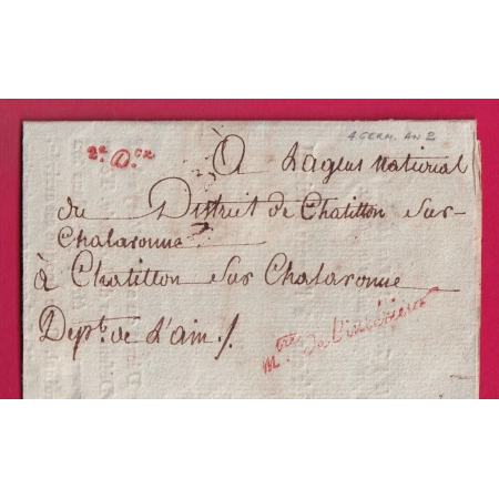 FRANCHISE MINISTRE INTERIEUR 2E DIV PARIS AN2 1794 SIGNE PARE AU TAMPON POUR CHATILLON SUR CHALARONNE AIN LETTRE COVER