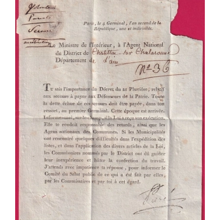 FRANCHISE MINISTRE INTERIEUR 2E DIV PARIS AN2 1794 SIGNE PARE AU TAMPON POUR CHATILLON SUR CHALARONNE AIN LETTRE COVER