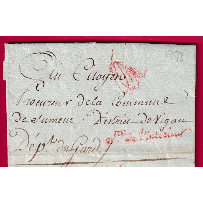 FRANCHISE MINISTRE INTERIEUR  PARIS 1793 SIGNE GARAT LE MINISTRE POUR SUMENE GARD LETTRE COVER