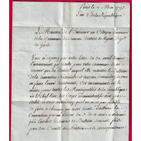 FRANCHISE MINISTRE INTERIEUR  PARIS 1793 SIGNE GARAT LE MINISTRE POUR SUMENE GARD LETTRE COVER