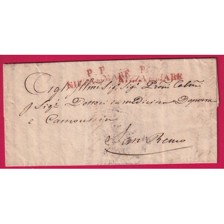 MARQUE SARDE PP NIZZA VIA DI MARE EN ROUGE 1837 ALPES MARITIMES POUR SAN REMO MAGISTRAT SANITAIRE LETTRE COVER