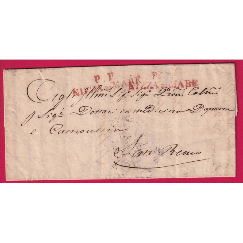 MARQUE SARDE PP NIZZA VIA DI MARE EN ROUGE 1837 ALPES MARITIMES POUR SAN REMO MAGISTRAT SANITAIRE LETTRE COVER