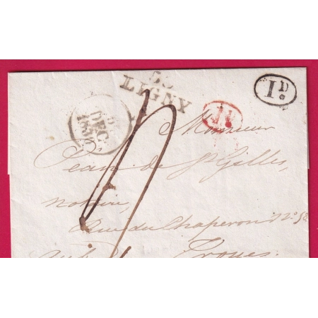 MARQUE 53 LIGNY MEUSE + DECIME RURAL ROUGE ET NOIR POUR TROYES 1830 LETTRE COVER