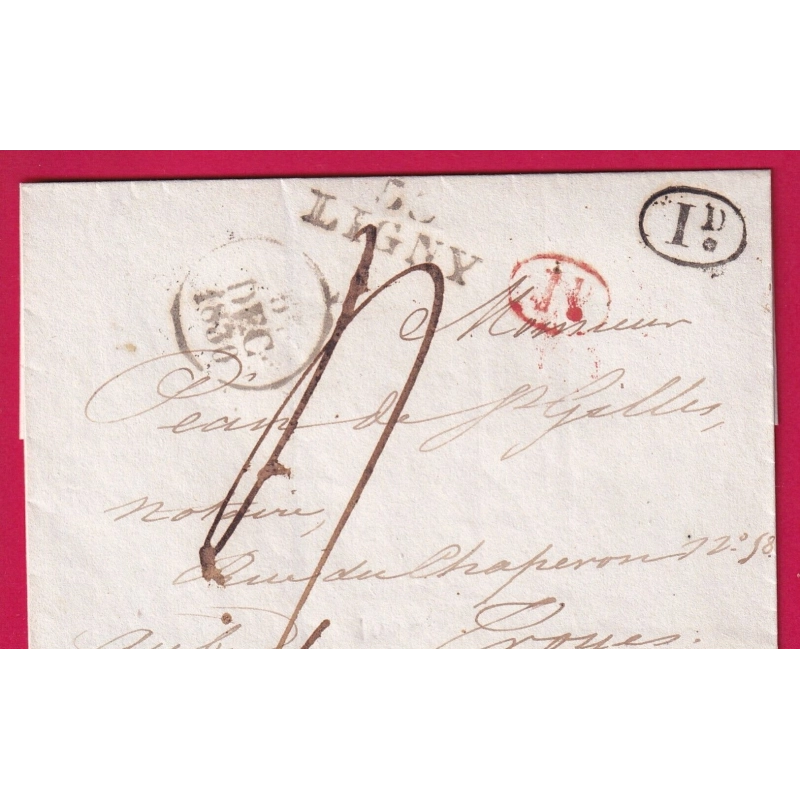 MARQUE 53 LIGNY MEUSE + DECIME RURAL ROUGE ET NOIR POUR TROYES 1830 LETTRE COVER