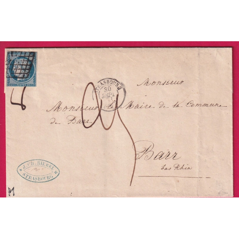 N°4 GRILLE STRASBOURG BAS RHIN TAXE MANUSCRIT 25 POUR BARR SIGNE CALVES MENTION POIDS 8 GRAMMES LETTRE COVER