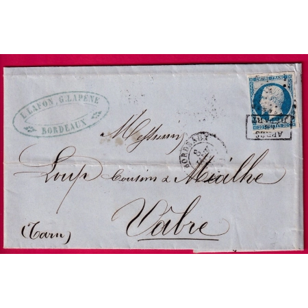 N°14 APRES LE DEPART SUR TIMBRE DEPART DE BORDEAUX PC 441 POUR VABRE TARN LETTRE COVER