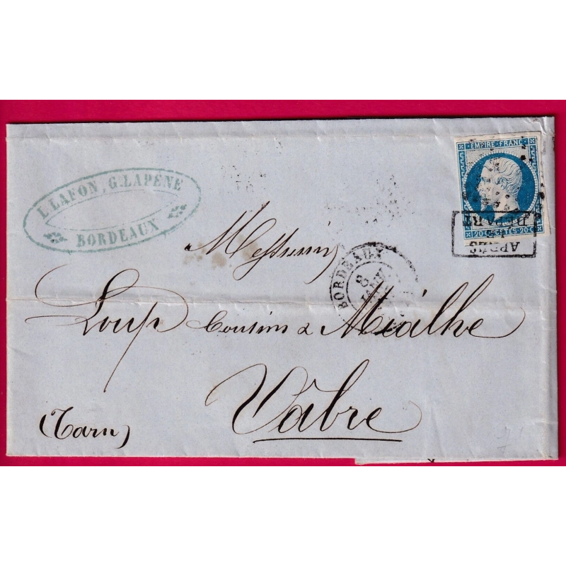 N°14 APRES LE DEPART SUR TIMBRE DEPART DE BORDEAUX PC 441 POUR VABRE TARN LETTRE COVER