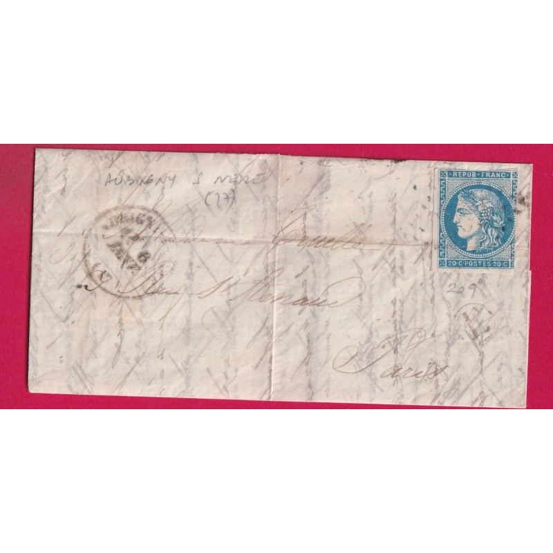 TENTATIVE ENTREE  GC 209 AUBIGNY SUR NERE CHER 6 JANVIER 1871 POUR PARIS TRANSIT TOURS 12 JANVIER 1871 LETTRE COVER
