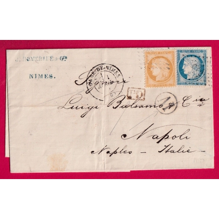 N°55 60 CAD GARE DE NIMES GARD LOSANGE CT POUR NAPLES ITALIE ITALIA AMBULANT CETTE A TARASCON 1875 LETTRE COVER