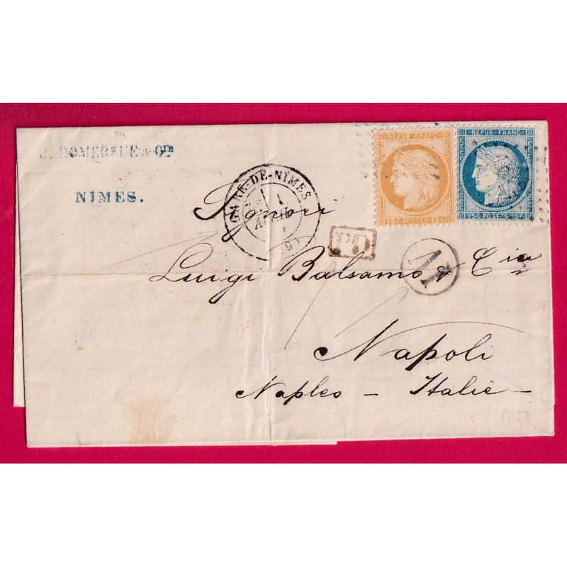 N°55 60 CAD GARE DE NIMES GARD LOSANGE CT POUR NAPLES ITALIE ITALIA AMBULANT CETTE A TARASCON 1875 LETTRE COVER