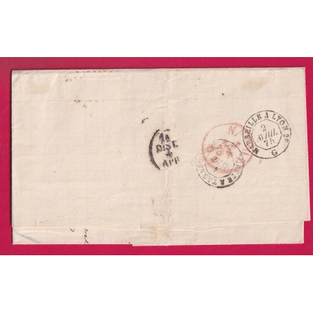 N°55 60 CAD GARE DE NIMES GARD LOSANGE CT POUR NAPLES ITALIE ITALIA AMBULANT CETTE A TARASCON 1875 LETTRE COVER