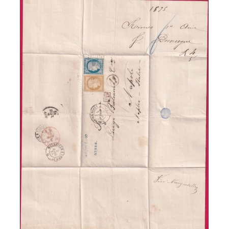 N°55 60 CAD GARE DE NIMES GARD LOSANGE CT POUR NAPLES ITALIE ITALIA AMBULANT CETTE A TARASCON 1875 LETTRE COVER