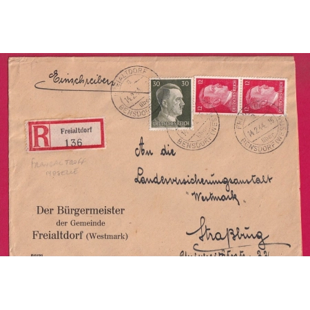 TIMBRE HITLER RECOMMANDE FRANCALTROFF RECOMMANDE 1944 POUR STRASBOURG BAS RHIN LETTRE COVER