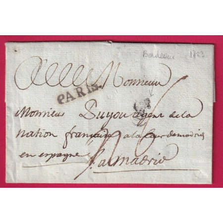 MARQUE B COURONNE BORDEAUX LN°18 + PARIS EN TRANSIT POUR MADRID ESPAGNE 1783 LETTRE COVER