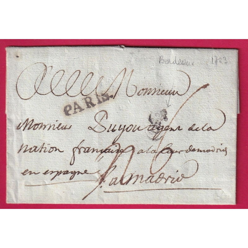 MARQUE B COURONNE BORDEAUX LN°18 + PARIS EN TRANSIT POUR MADRID ESPAGNE 1783 LETTRE COVER