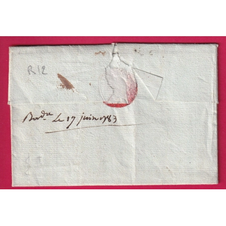 MARQUE B COURONNE BORDEAUX LN°18 + PARIS EN TRANSIT POUR MADRID ESPAGNE 1783 LETTRE COVER