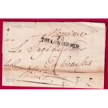 FRANCHISE MANUSCRIT LE PROCUREUR DU ROI MARQUE 78 TOULON VAR 1829 POUR BEAUSSET LETTRE COVER