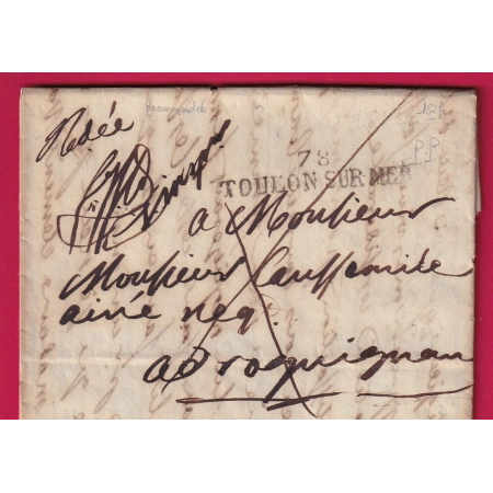 RARE MARQUE RECOMMANDEE 78 TOULON SUR MER VAR POUR DRAGUIGNAN 1827 LETTRE COVER