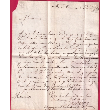 MARQUE FRANC MANUSCRIT TOULON VAR 1768 LENAIN N°12 INDICE 16 POUR AUBAGNE BOUCHES DU RHONE LETTRE COVER