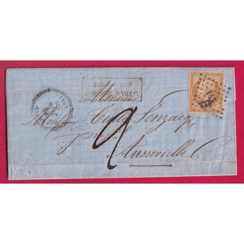 N°13 PC 143 ARTIX BASSES PYRENEES CAD TYPE 22 TAXE MANUSCRIT 2 AFFR INSUFF ROUGE POUR AUSSEVIELLE LETTRE COVER