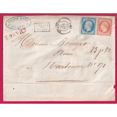 N°14 16 PC 3383 TOULOUSE HAUTE GARONNE LETTRE CHARGE APRES LE DEPART  POUR NARBONNE AUDE LETTRE COVER