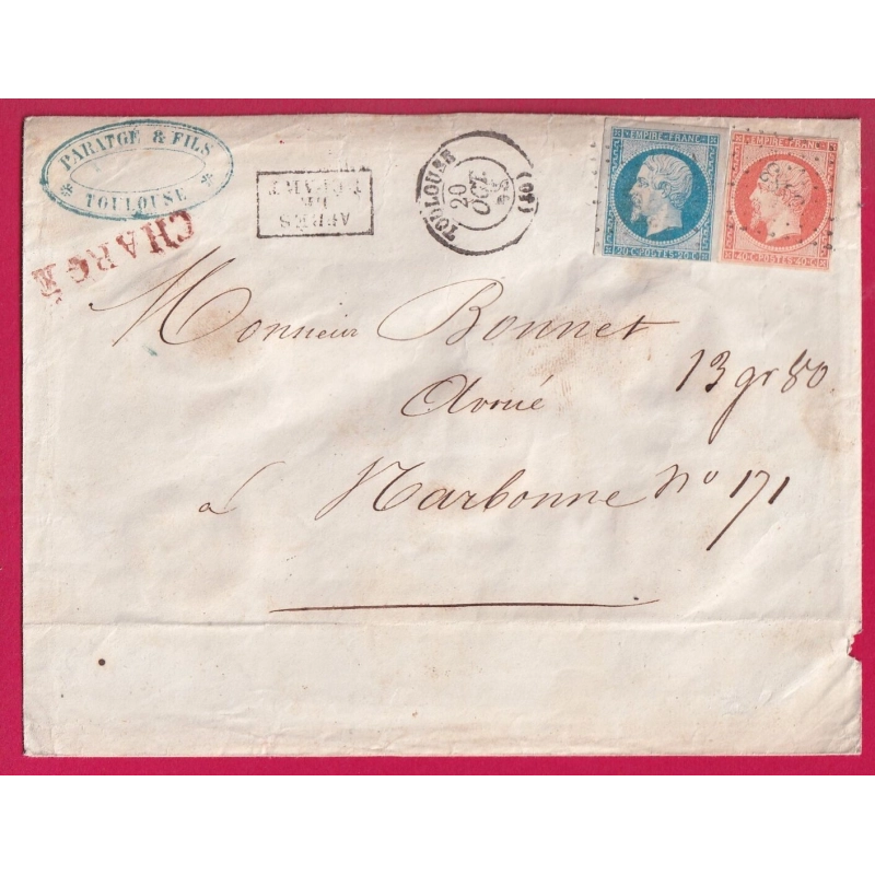 N°14 16 PC 3383 TOULOUSE HAUTE GARONNE LETTRE CHARGE APRES LE DEPART  POUR NARBONNE AUDE LETTRE COVER
