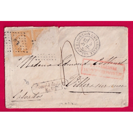 N°21 PAIRE LOSANGE EU EXPOSITION UNIVERSELLE 1867 TROUVE A LA BOITE EU TAXE MANUSCRIT 4 AFFR INSUF VILLERS SUR MER LETTR